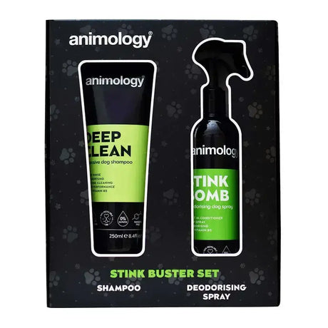 Black and lime green animology stink buster set with sensitive dog deep clean shampoo tube and deodorising spray bottle