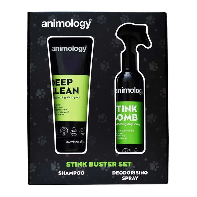 Black and lime green animology stink buster set with sensitive dog deep clean shampoo tube and deodorising spray bottle
