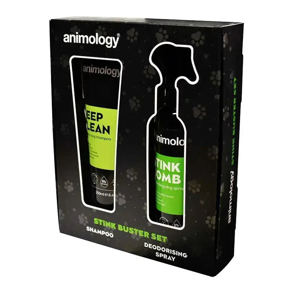 Black and neon green animology stink buster set with deep clean shampoo tube and deodorising spray for dogs