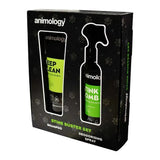 Black and neon green animology stink buster set with deep clean shampoo tube and deodorising spray for dogs