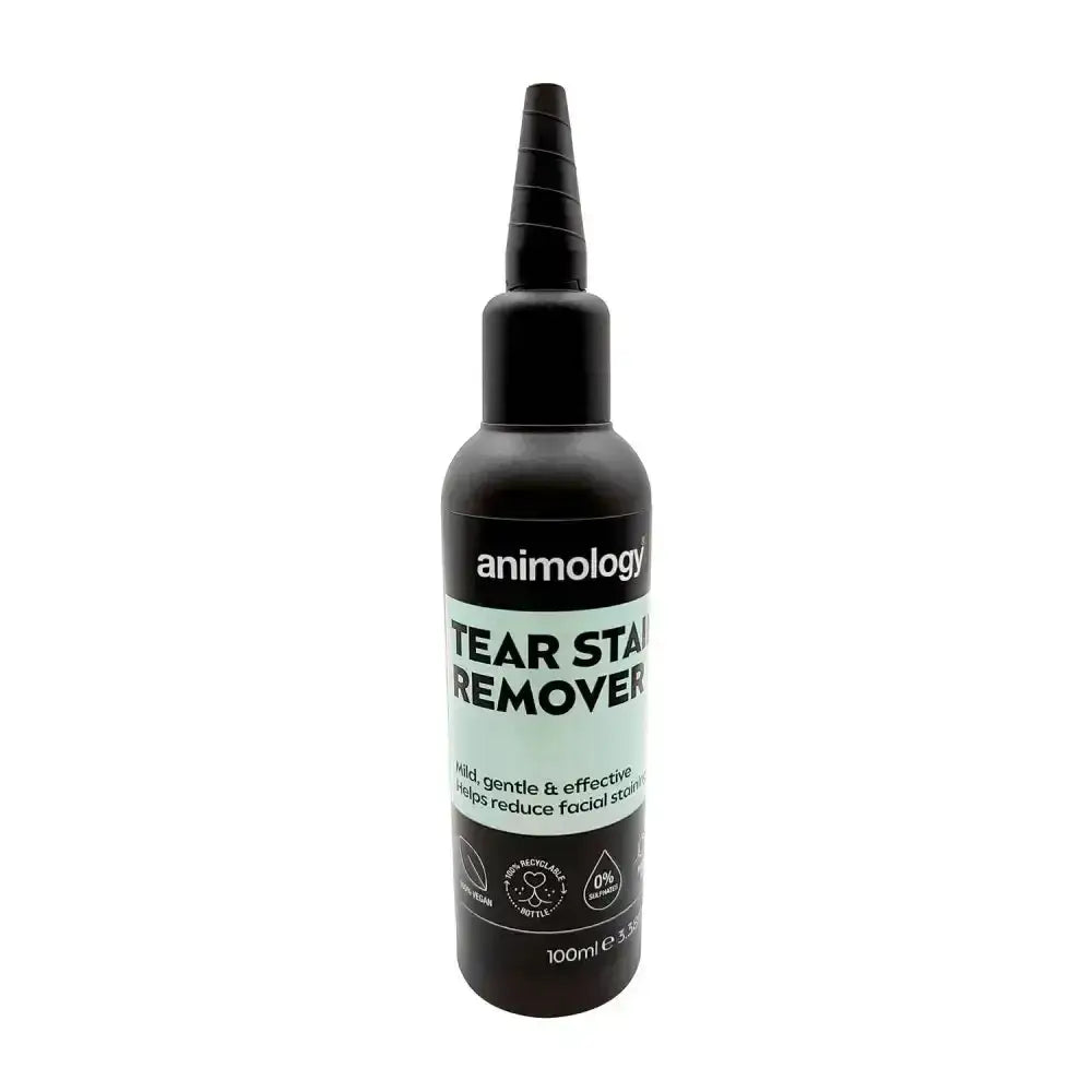 Black plastic bottle of animology tear stain remover with tapered nozzle and light green label to prevent excessive staining