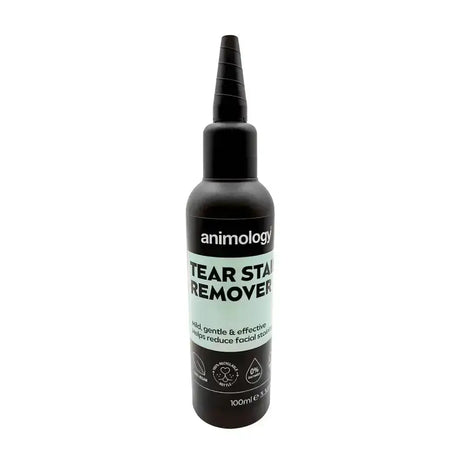 Black plastic bottle of animology tear stain remover with tapered nozzle and light green label to prevent excessive staining