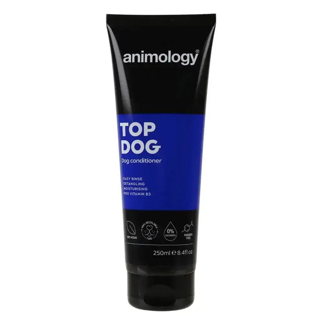Black tube of animology top dog vitamin enriched conditioner with bold blue label that replenishes moisture for healthy coat
