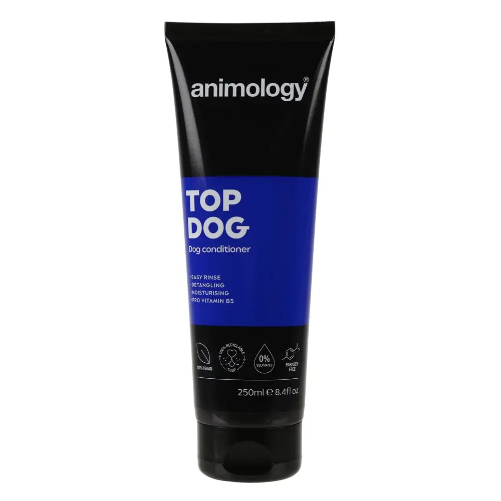 Black and blue tube of Animology Top Dog vitamin enriched dog conditioner