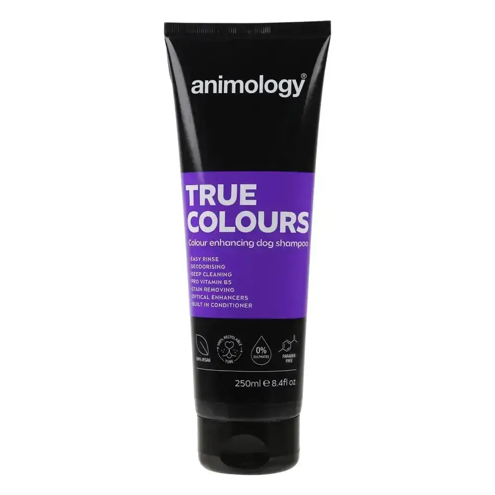 Black tube of animology true colours unique colour enhancing shampoo with purple label for dogs