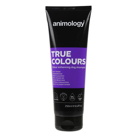 Bottle of Animology True Colours dog shampoo with purple and black packaging