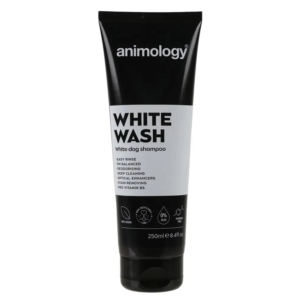 Black tube of Animology White Wash Shampoo for pets, perfect for maintaining a bright coat