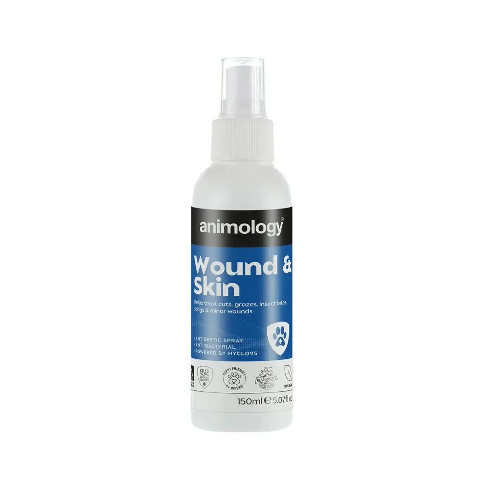 A clear plastic animology wound and skin spray bottle with a white nozzle for effective wound care and skin spray use