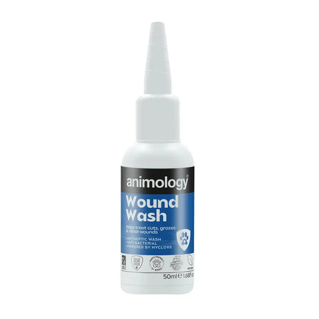 White plastic bottle of animology wound wash with blue label and pointed nozzle for easy animology wound cleaning