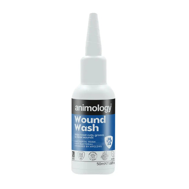 White plastic bottle of animology wound wash with blue label and pointed nozzle for easy animology wound cleaning