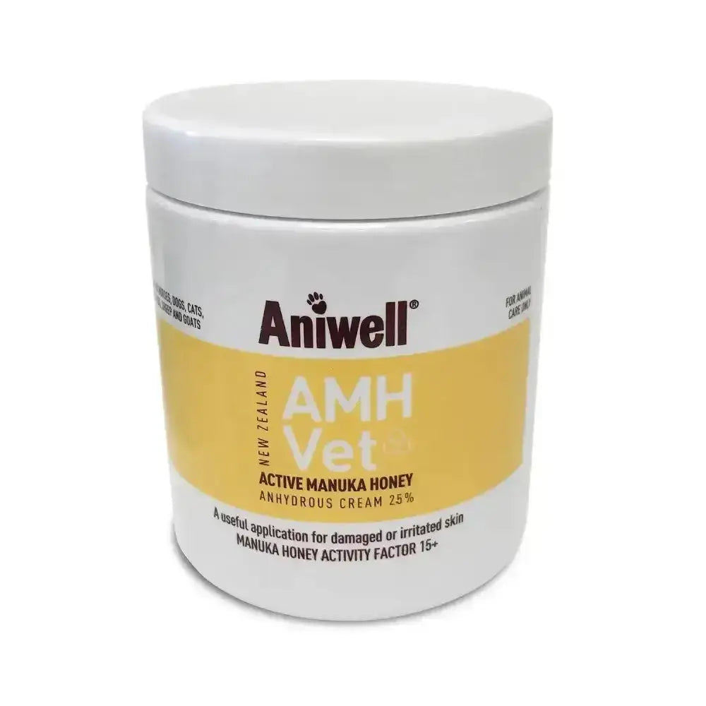 White cylindrical container of aniwell amh vet cream with active manuka honey anhydrous 25 percent in white jar