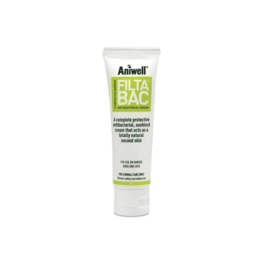 Aniwell filtabac antibacterial sunblock cream in a white tube with green label for horses dogs and cats heat-lamp burn care