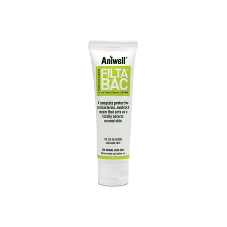 Aniwell filtabac antibacterial sunblock cream in a white tube with green label for horses dogs and cats heat-lamp burn care