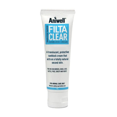 White tube of aniwell filtaclear translucent sunblock cream ideal for skin conditions in competing equestrian market