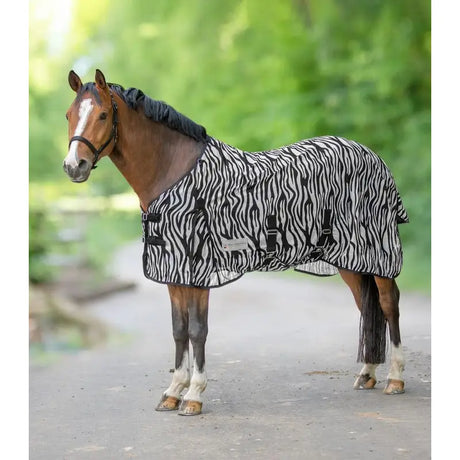 Black and white zebra print fly rug with black straps and buckles perfect as an equestrian rug zebra cover