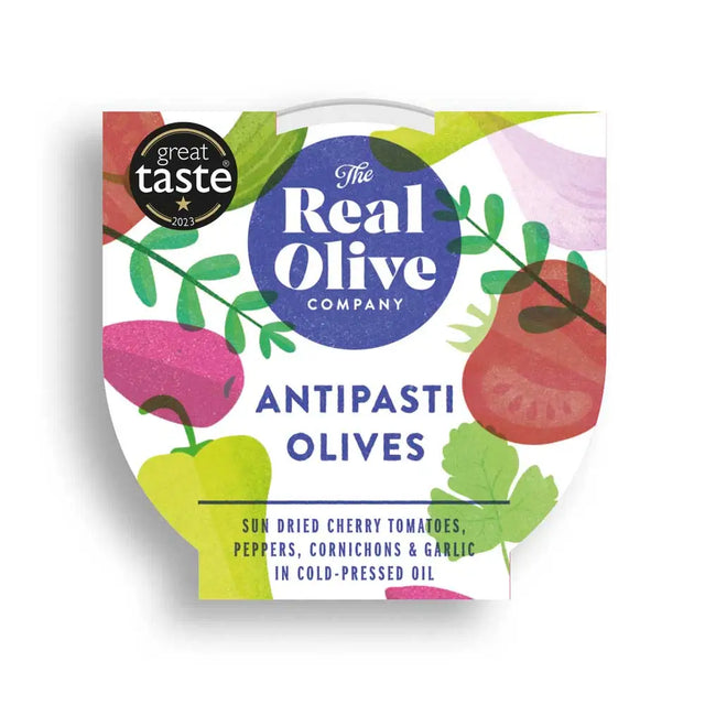 The real olive company antipasti olives with delphi stuffed green olives in colorful container and great taste 2023 award seal