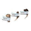 Three natural brown antler small dog chews with white and teal labels from antos antler small pack