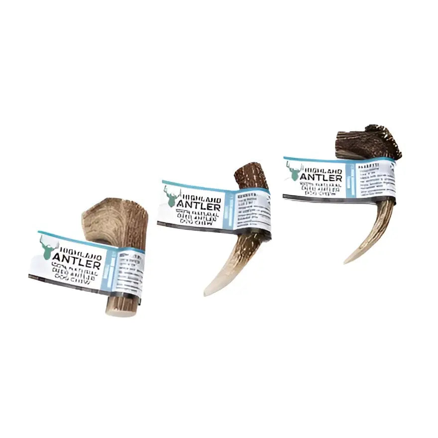 Three natural brown antler small dog chews with white and teal labels from antos antler small pack