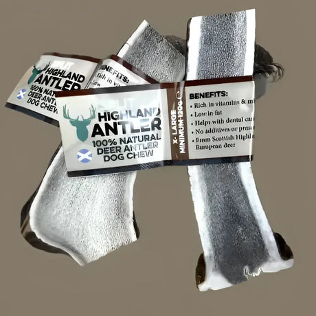Silver and black highland antler split x-large dog chew with textured surface made from 100 percent natural deer antos antler