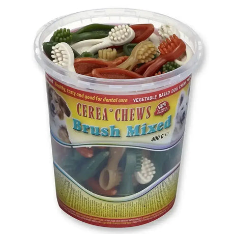 A clear plastic container of antos cerea chews mixed brush tub with colorful toothbrush shaped vegetable dog chews