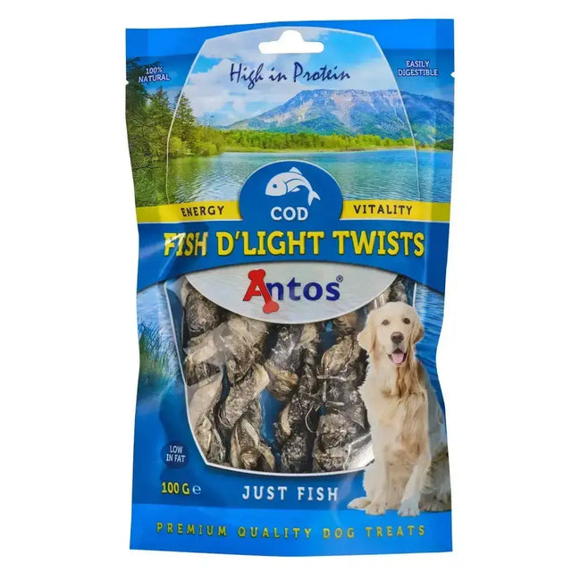 Antos fish d’light cod twists dog treats in blue and yellow resealable bag for equestrian pet rewards