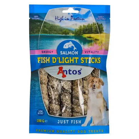 Antos fish salomon sticks dog treats in blue and pink pack perfect for equestrian pet snacks