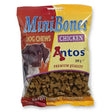A bag of antos minibones chicken dog chews in red and yellow packaging with bone shaped treats visible inside
