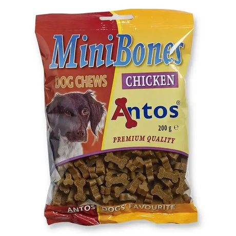 A bag of antos minibones chicken dog chews in red and yellow packaging with bone shaped treats visible inside