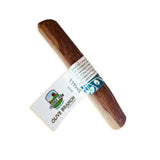 Natural brown olive wood dog chew with white teal paddock farm label antos origins olive branch dog chew