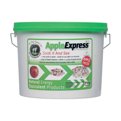White plastic bucket with green lid and handle labeled apple express air-dried apple pieces horse treats pet supplies