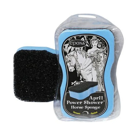 Blue and black two-sided april shower sponge vacuum packed in clear plastic with art nouveau design for horse grooming