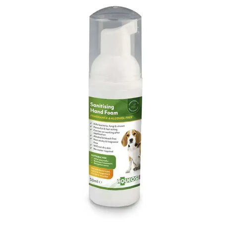 A white 50ml pump bottle of aqueos anti-bacterial canine hand sanitising foam with a green label and a beagle image