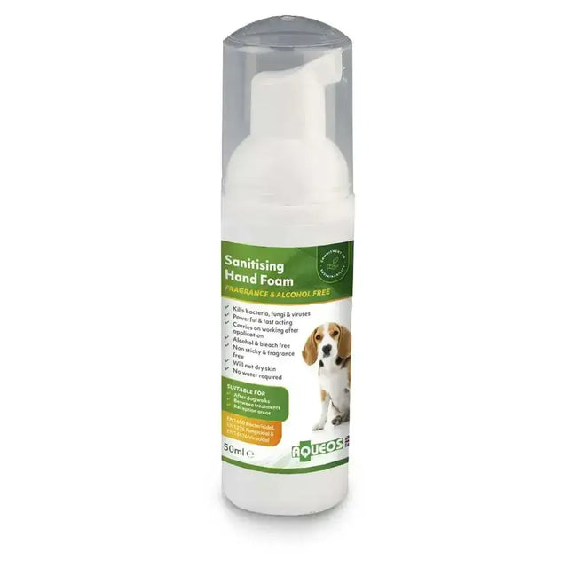 A white 50ml pump bottle of aqueos anti-bacterial canine hand sanitising foam with a green label and a beagle image