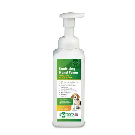 White plastic bottle of aqueos anti-bacterial canine liquid soap with green label and white pump dispenser