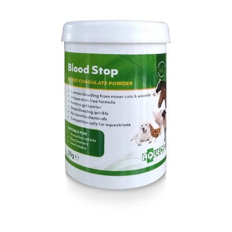 White cylindrical container with green label and white lid of aqueos blood stop coagulate powder for gel barrier use