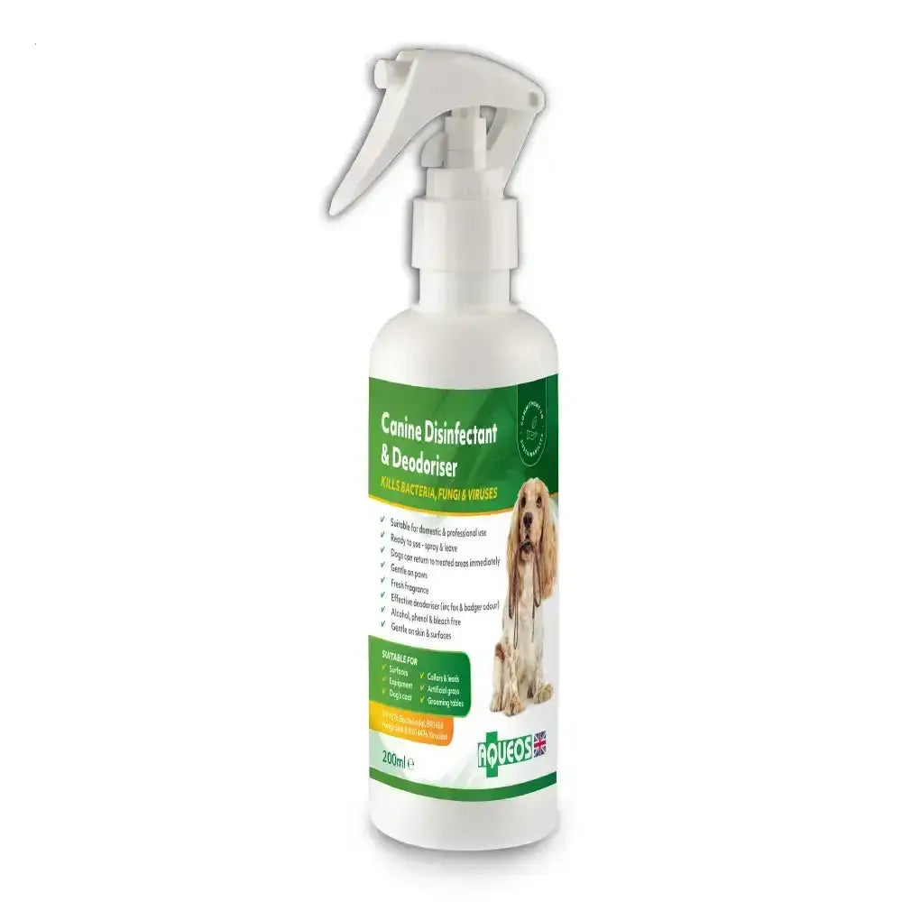White plastic spray bottle with green label and white trigger nozzle of aqueos canine disinfectant and deodoriser by rqueos