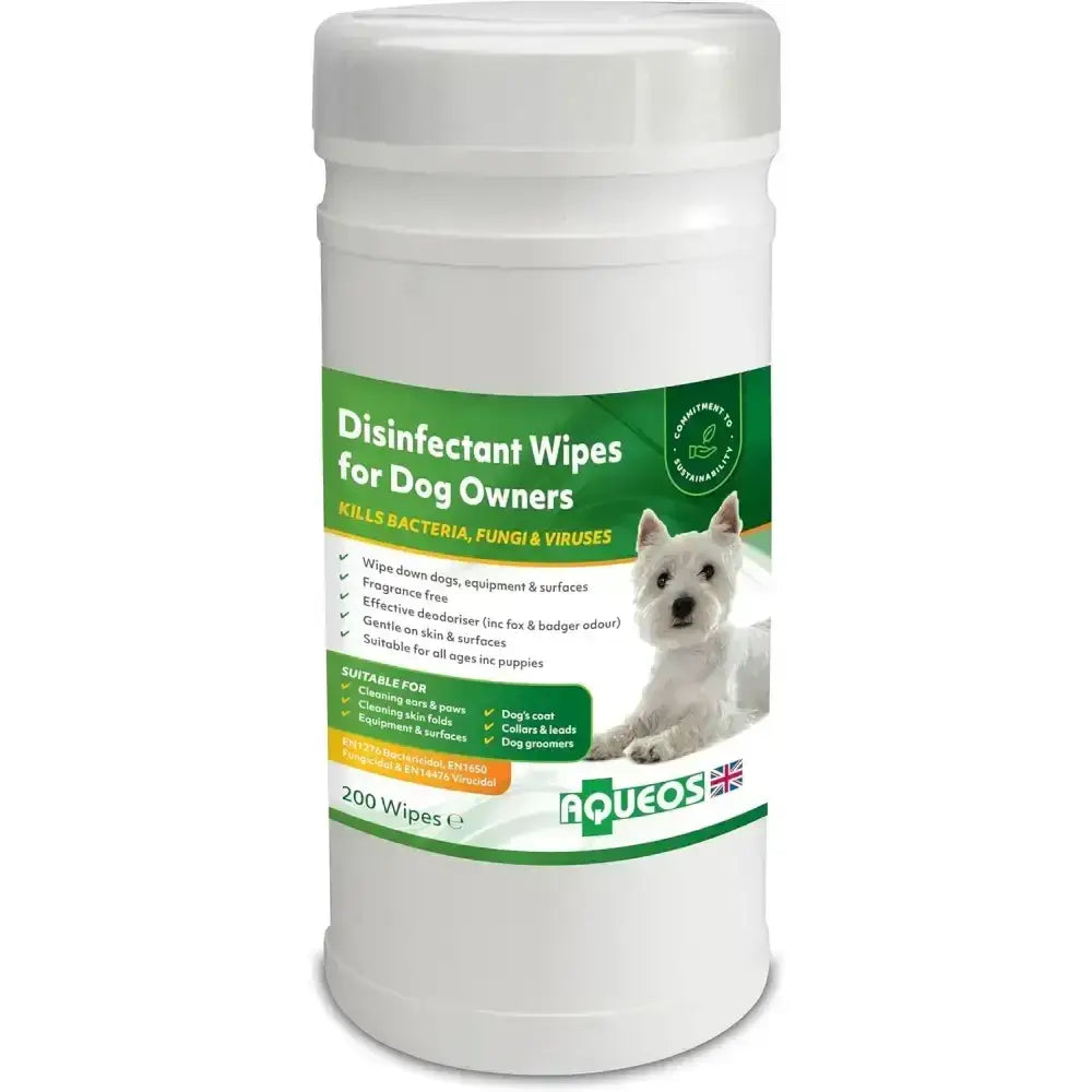 White cylindrical container of aqueos canine disinfectant wipes for dogs and owners with green label and terrier image