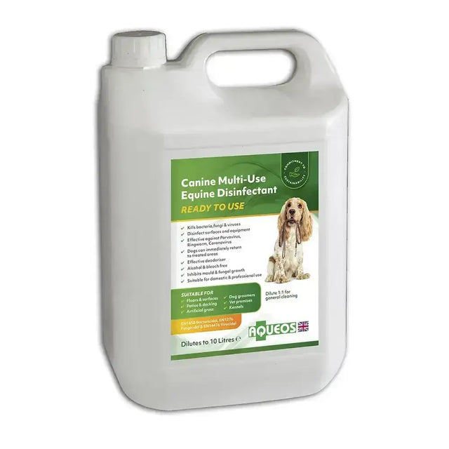White plastic jug of aqueos canine ready disinfectant kills bacteria fungi and viruses for multi-use equine care