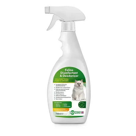 A white plastic spray bottle of aqueos disinfectant & deodoriser by rqueos for creating germ free environments for cats
