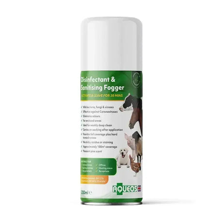White aerosol can with green label of aqueos disinfectant sanitising fogger that kills bacteria viruses including coronavirus