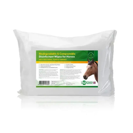 A package of aqueos disinfectant wipes for horses with a green label and biodegradable biosecurity features