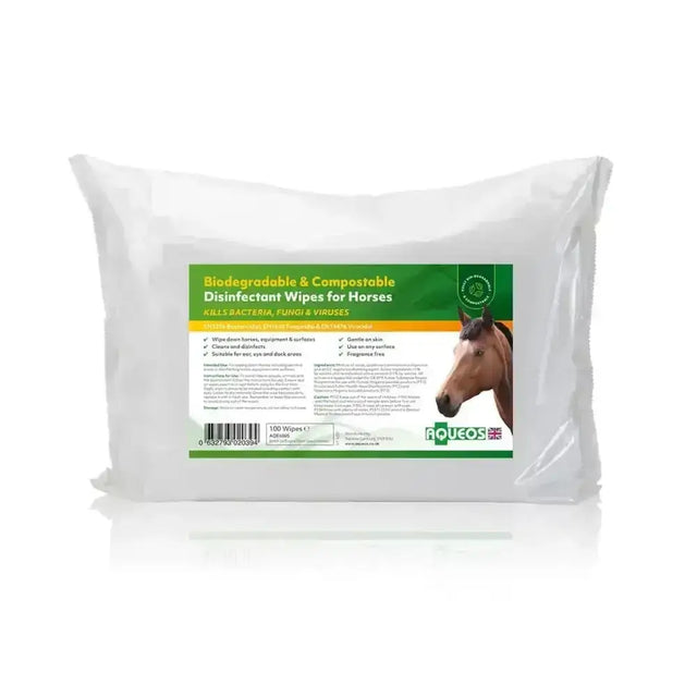 A package of aqueos disinfectant wipes for horses with a green label and biodegradable biosecurity features