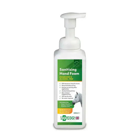 White plastic bottle of aqueos equine anti-bacterial hand sanitising foam with green label and pump dispenser 600ml