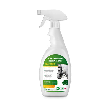 White plastic spray bottle of aqueos equine anti-bacterial tack cleaner spray with green label and horse head image