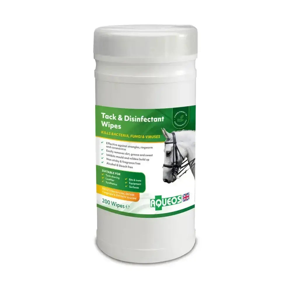 White cylindrical container of aqueos equine anti bacterial wipes with green orange label and horse head illustration