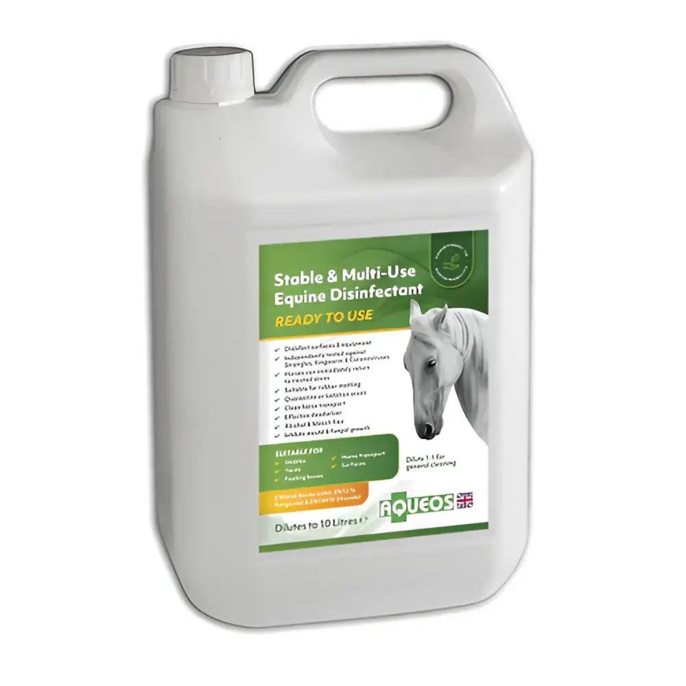 White plastic container of Aqueos Equine Ready to Use Disinfectant with horse illustration