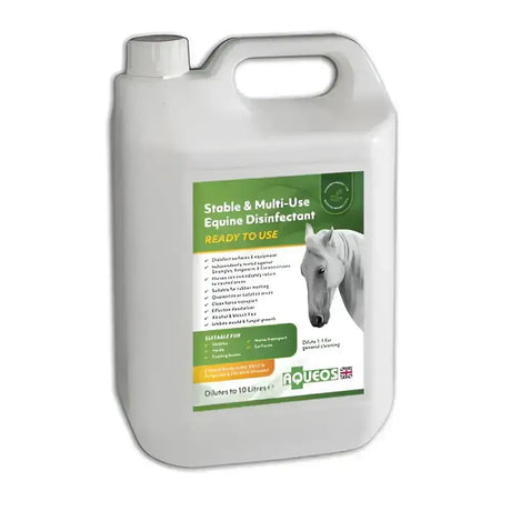 White plastic jug of aqueos equine ready disinfectant kills bacteria fungi and viruses for stable use