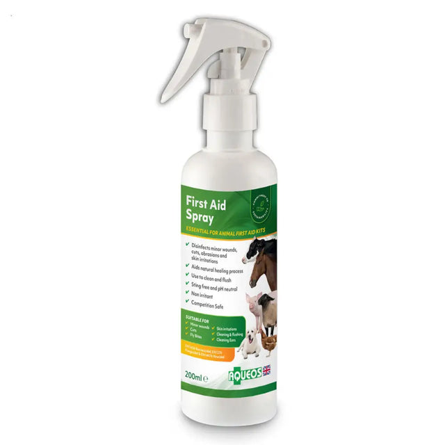 Aqueos First Aid Spray bottle for pets with green label and animal images