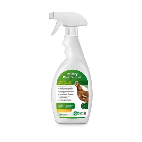 White plastic aqueos poultry disinfectant spray with green label featuring chicken image for bio-security in poultry care