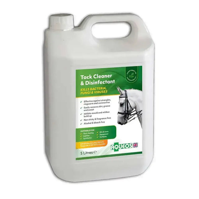 White plastic jug of aqueos tack cleaner disinfectant kills viruses bacteria and fungi for effective cleaning